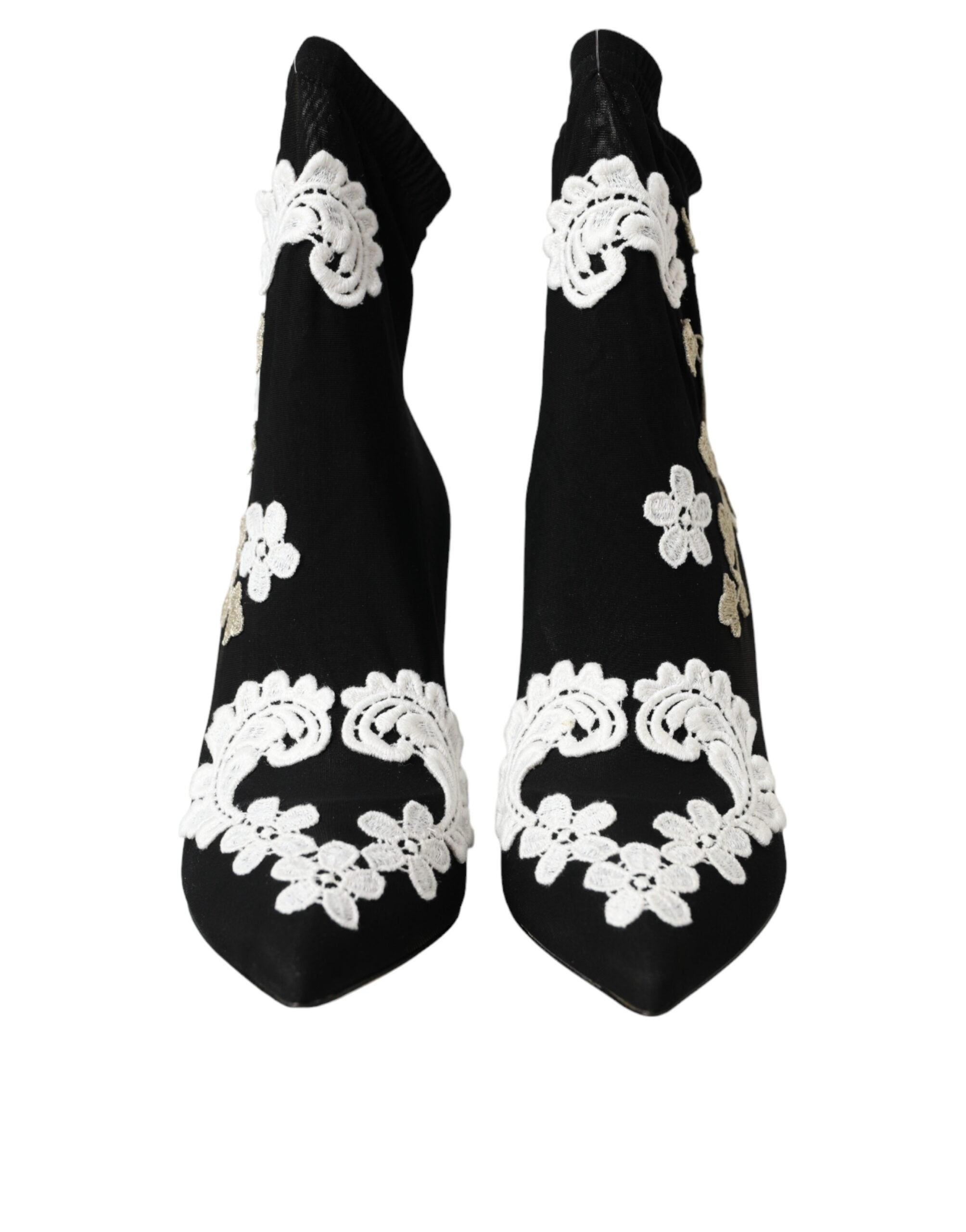Dolce & Gabbana Black White Embroidery Slip On Boots Shoes Dolce & Gabbana