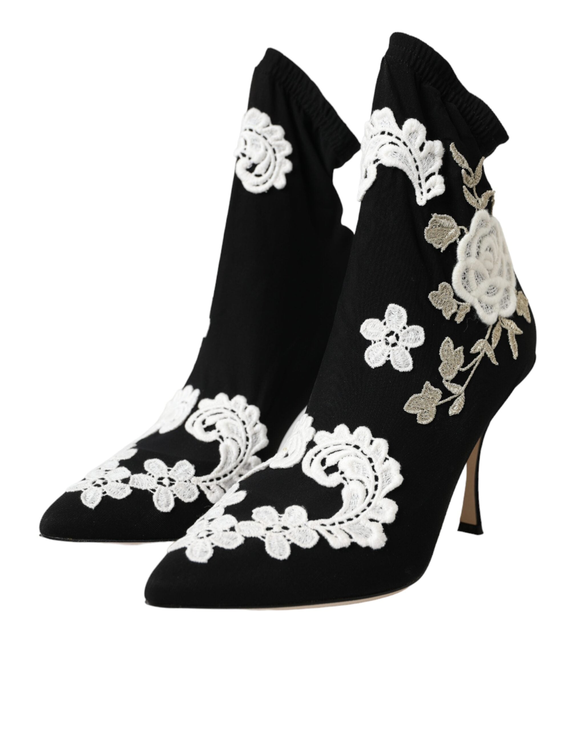 Dolce & Gabbana Black White Embroidery Slip On Boots Shoes Dolce & Gabbana