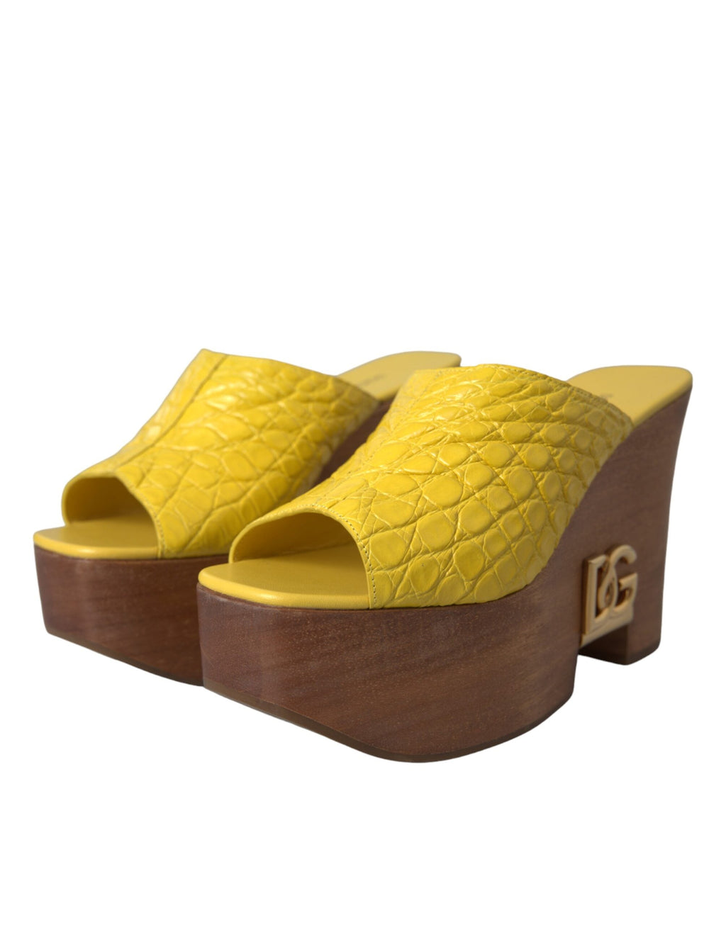 Dolce & Gabbana Yellow Leather Wood Mule Wedge Slides Shoes Dolce & Gabbana