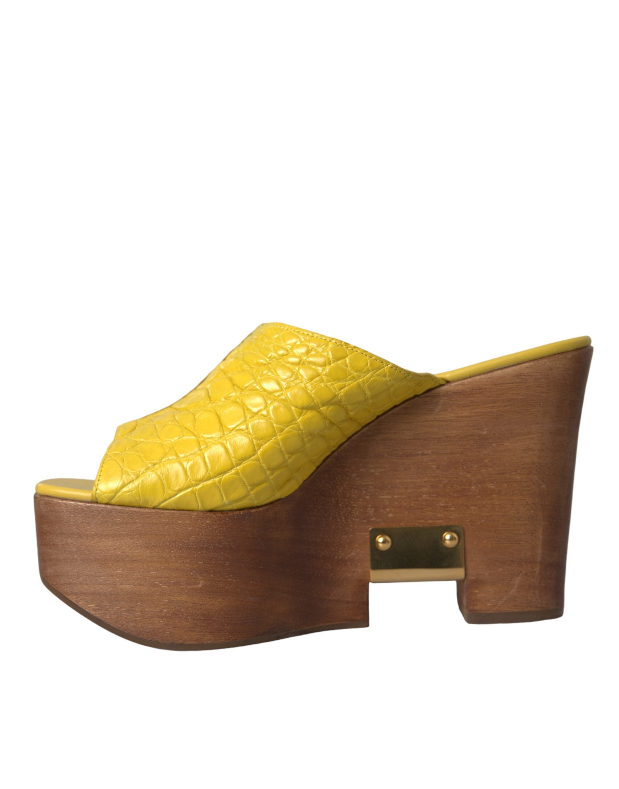 Dolce & Gabbana Yellow Leather Wood Mule Wedge Slides Shoes Dolce & Gabbana