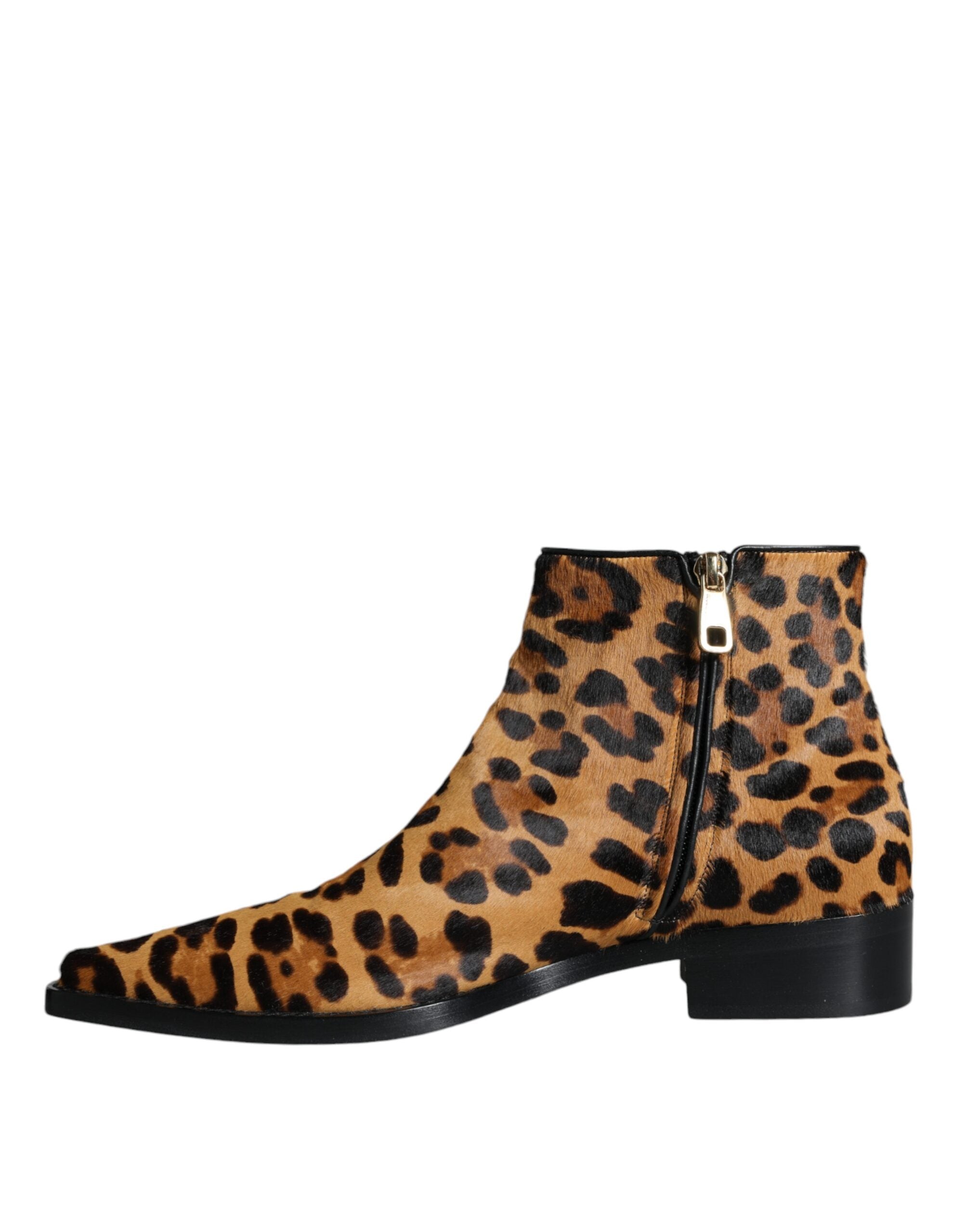 Dolce & Gabbana Brown Leopard Calf Fur Ankle Boots Shoes Dolce & Gabbana