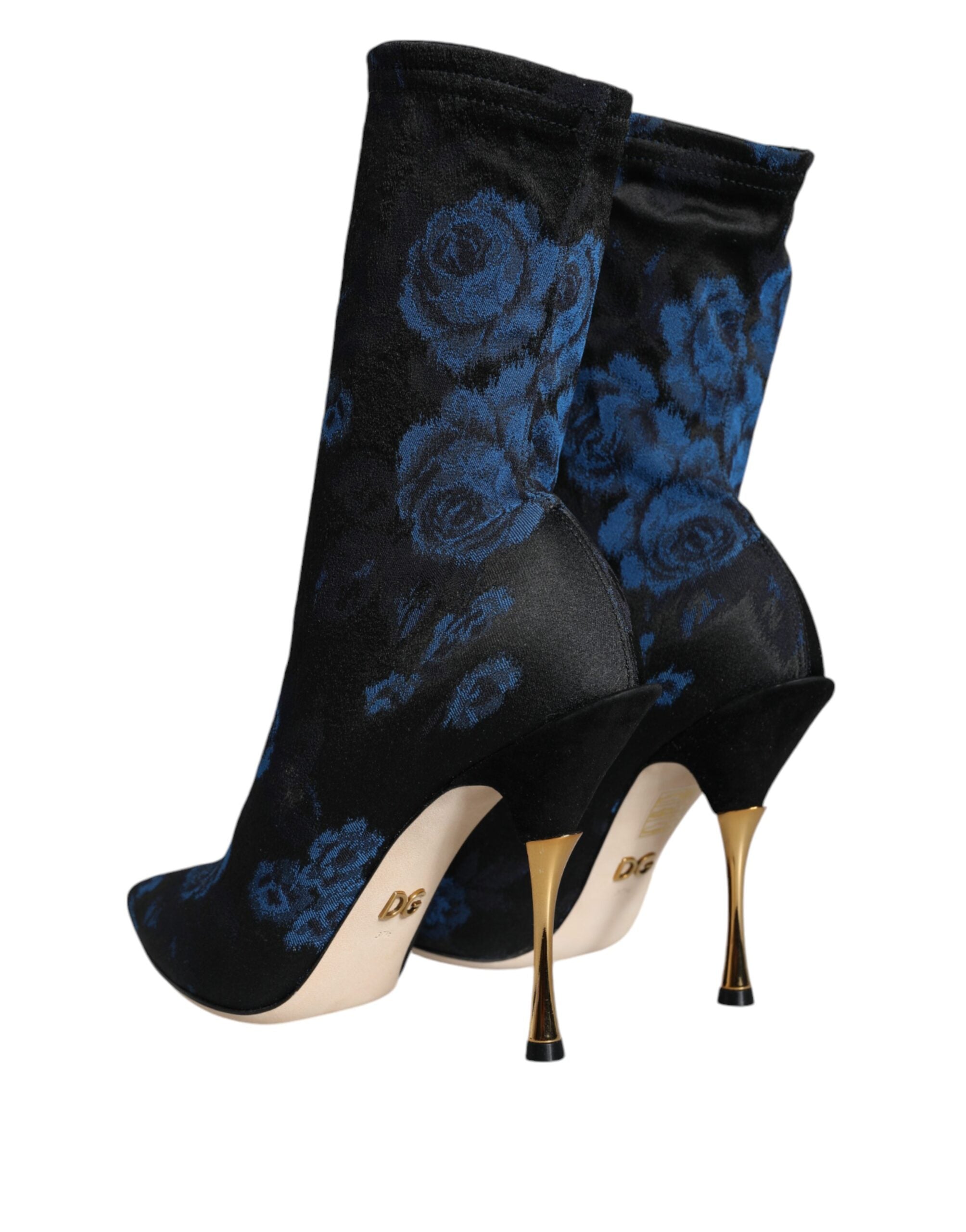 Dolce & Gabbana Black Floral Stretch Mid Calf Boots Shoes Dolce & Gabbana