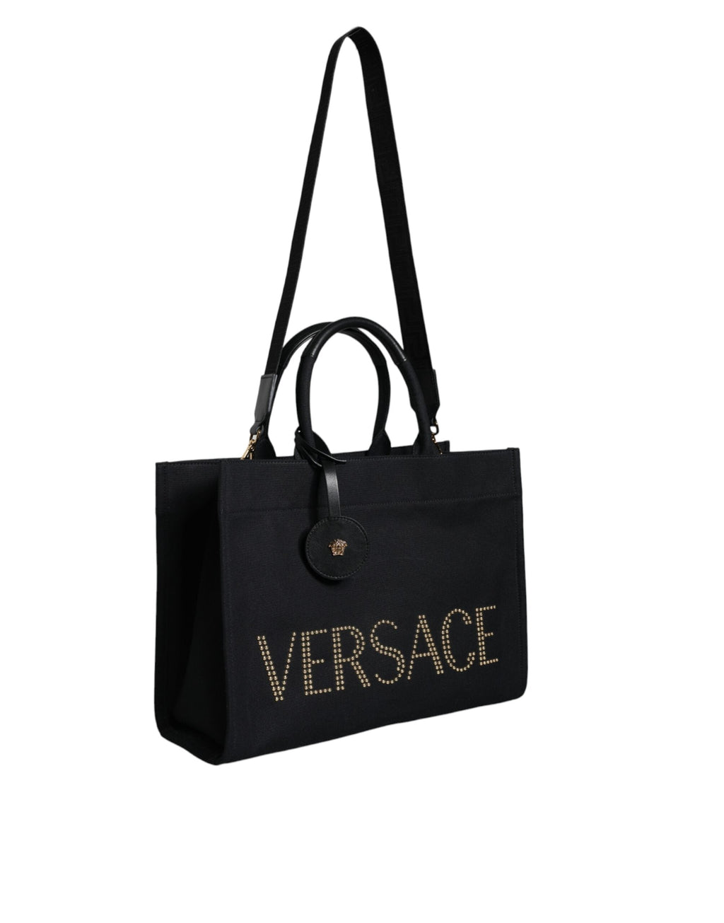 Versace Black Top Handle Canvas Leather Logo Crossbody Tote Bag Versace