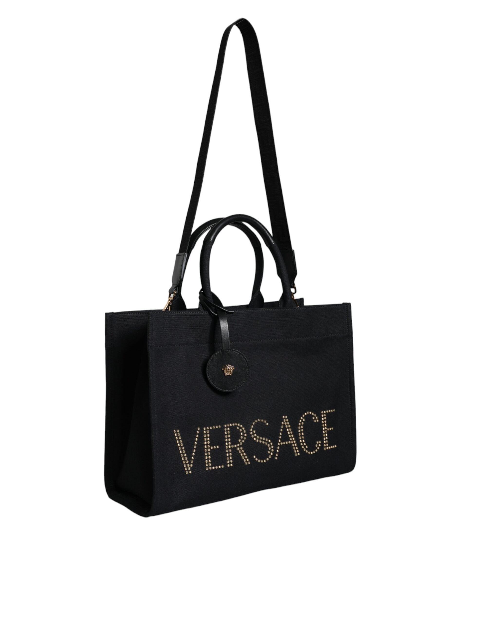 Versace Black Top Handle Canvas Leather Logo Crossbody Tote Bag Versace