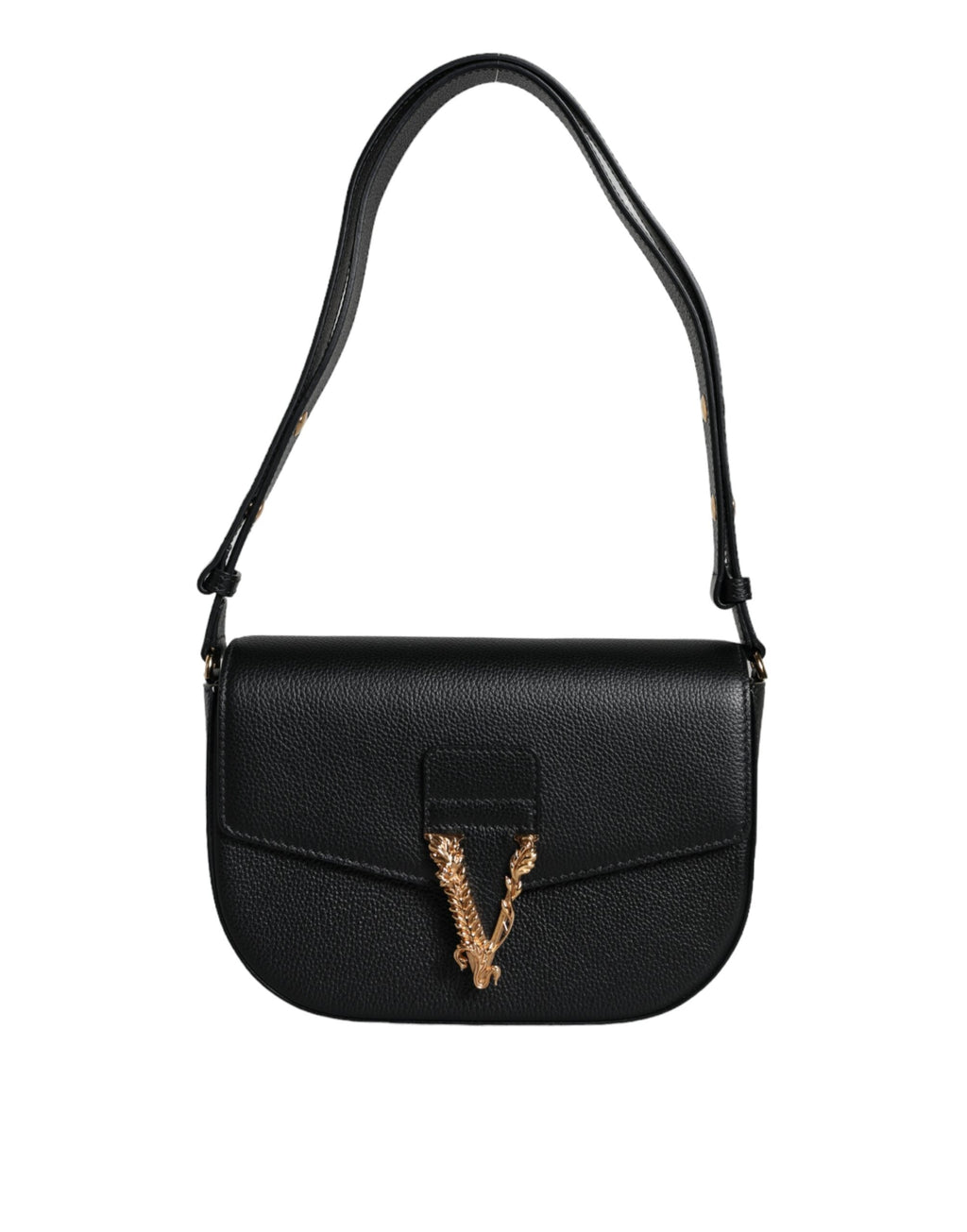 Versace Black Grainy Calf Leather Logo Crossbody Shoulder Bag Versace