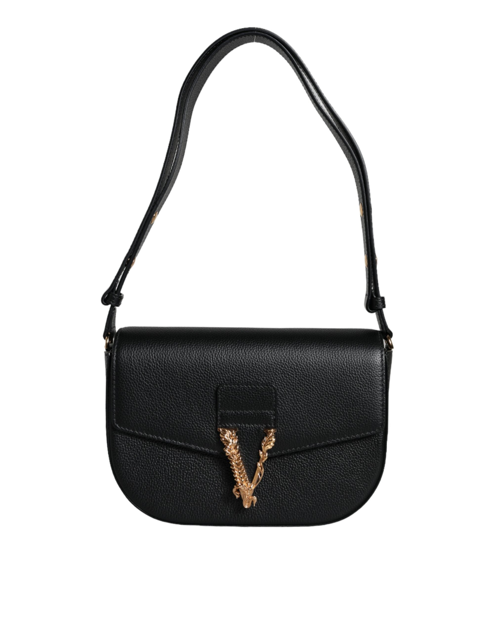 Versace Black Grainy Calf Leather Logo Crossbody Shoulder Bag Versace