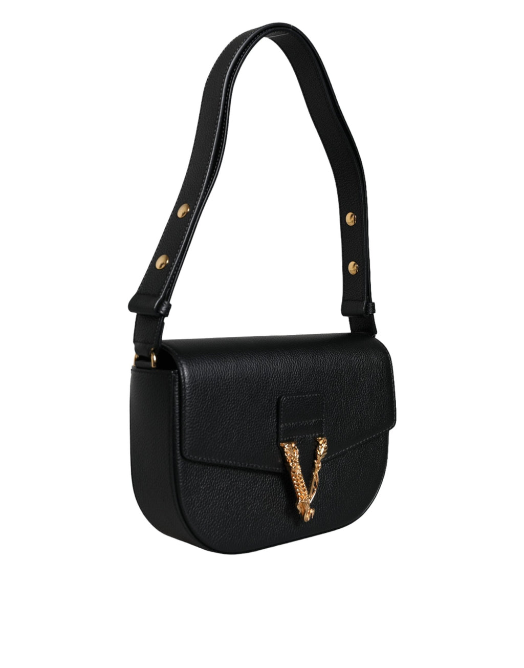 Versace Black Grainy Calf Leather Logo Crossbody Shoulder Bag Versace