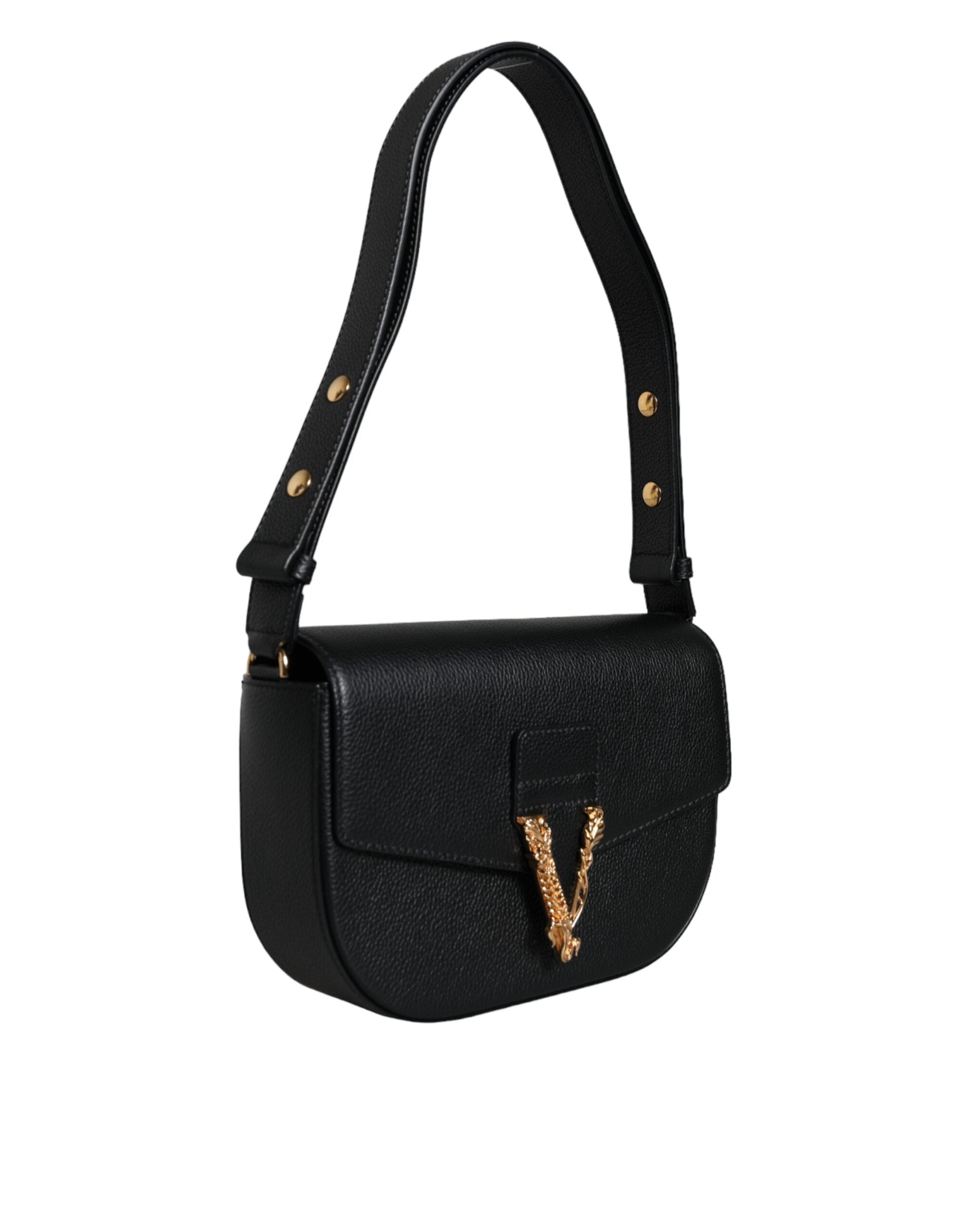 Versace Black Grainy Calf Leather Logo Crossbody Shoulder Bag Versace