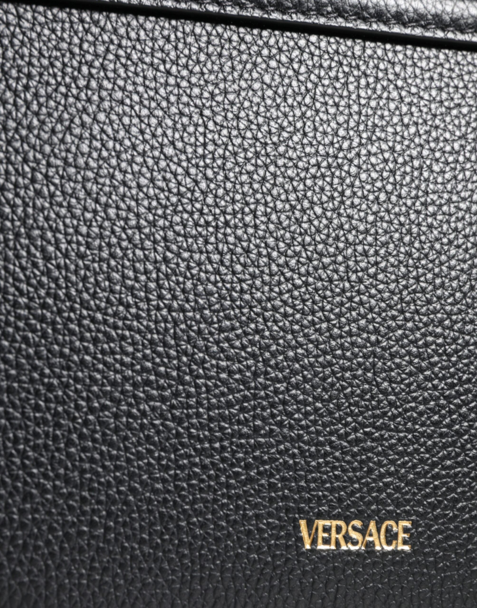 Versace Black Grainy Calf Leather Logo Crossbody Shoulder Bag Versace