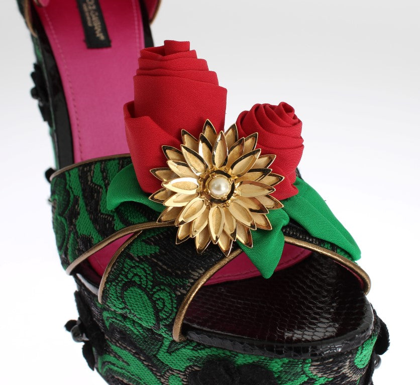 Dolce & Gabbana Green Brocade Snakeskin Roses Crystal Shoes Dolce & Gabbana
