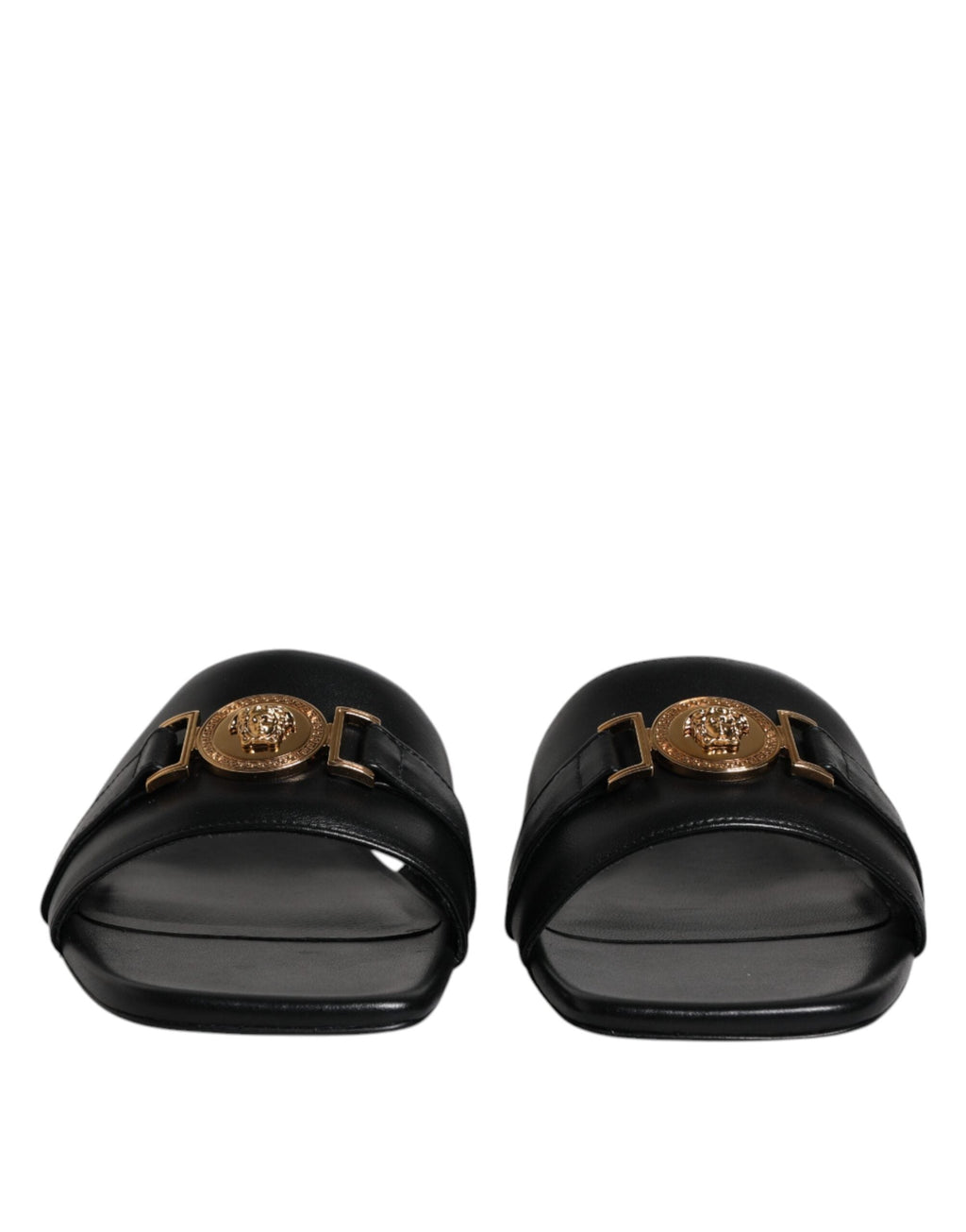 Versace Black Leather Logo Plaque Slip On Slides Flats Shoes Versace