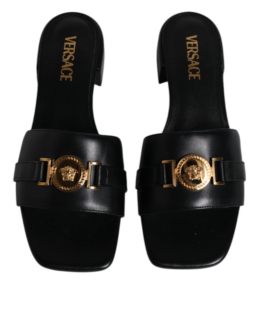 Versace Black Leather Logo Plaque Slip On Slides Flats Shoes Versace