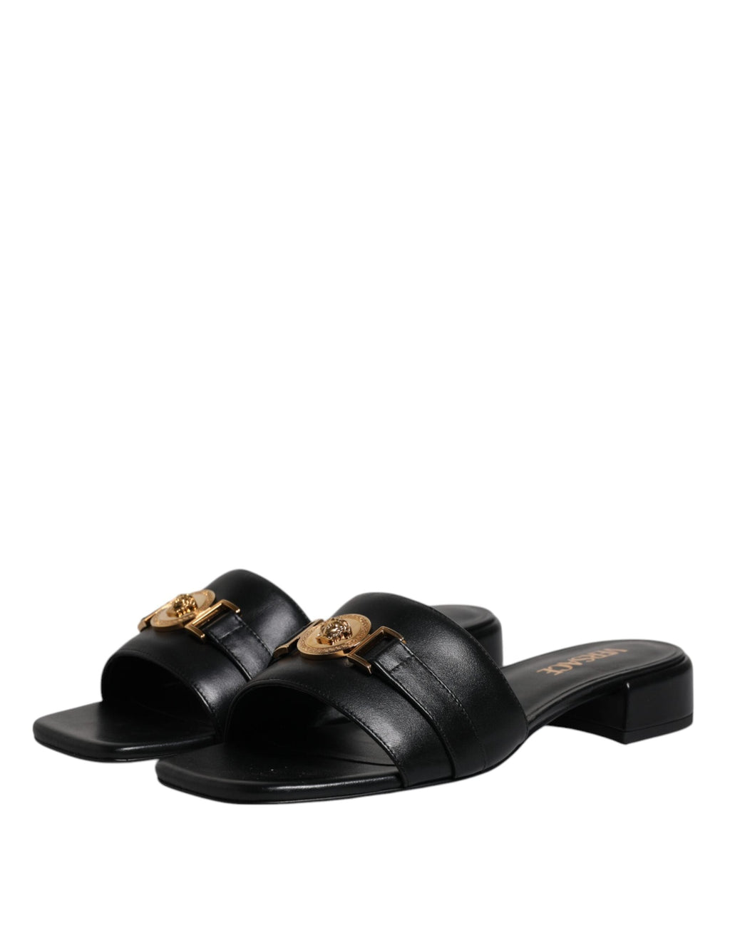 Versace Black Leather Logo Plaque Slip On Slides Flats Shoes Versace