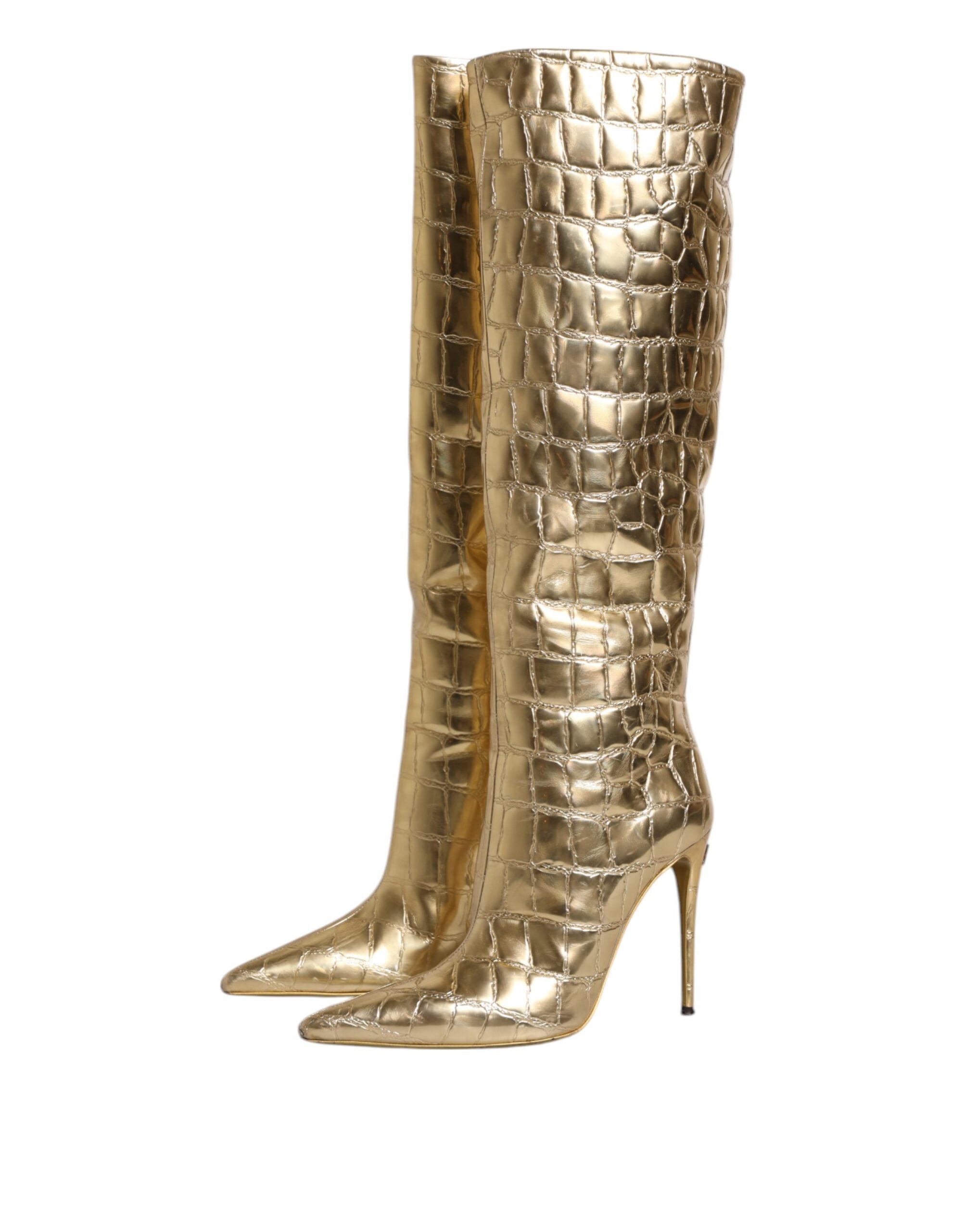 Dolce & Gabbana Gold Leather Stiletto Heels High Boots Shoes Dolce & Gabbana