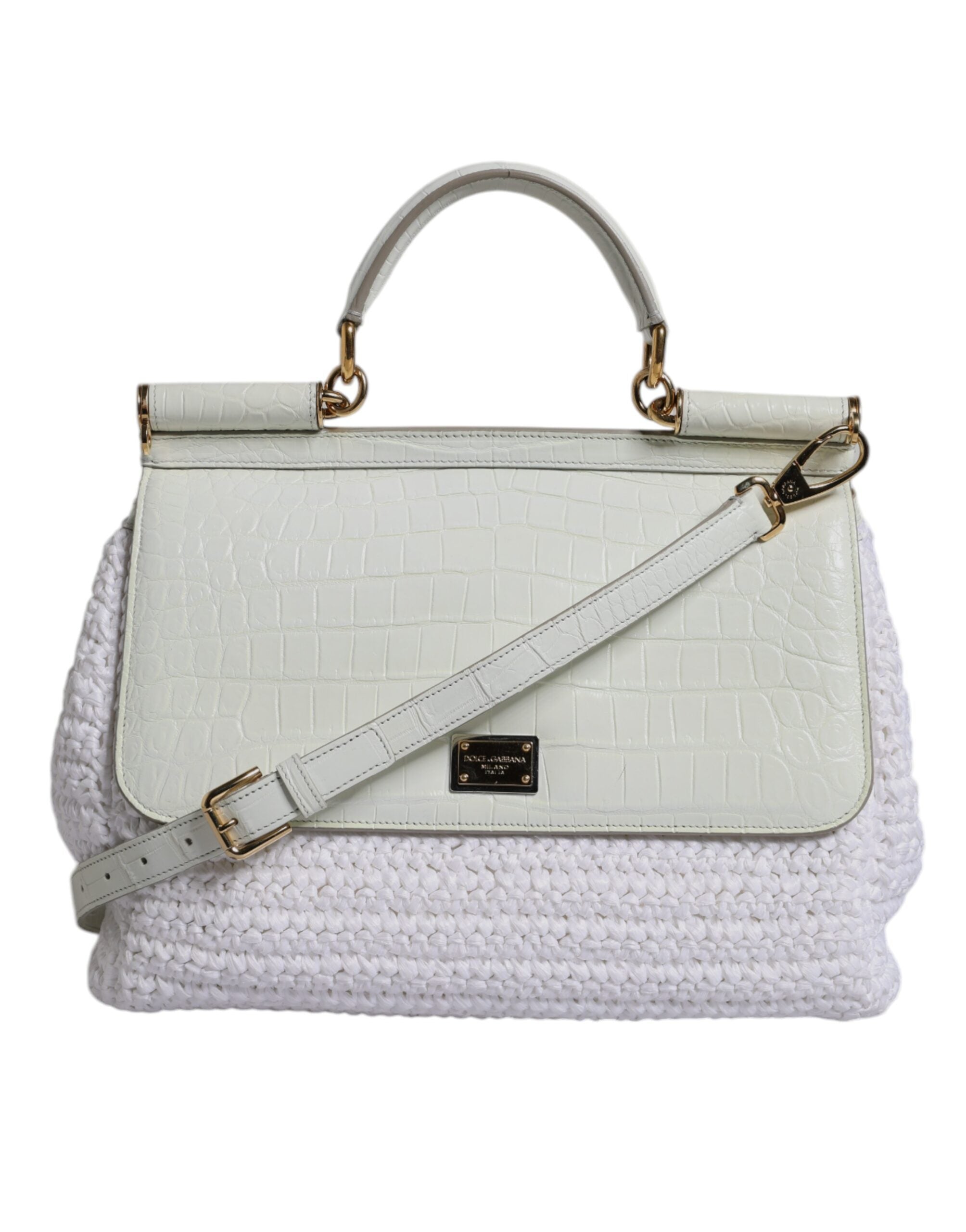 Dolce & Gabbana White Rafia Leather Top Handle Crossbody Bag Dolce & Gabbana