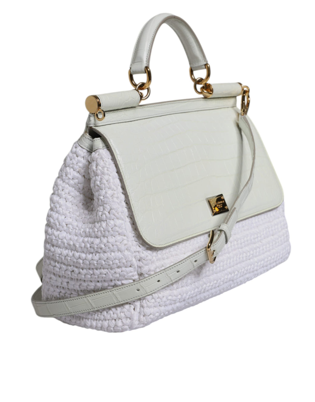 Dolce & Gabbana White Rafia Leather Top Handle Crossbody Bag Dolce & Gabbana