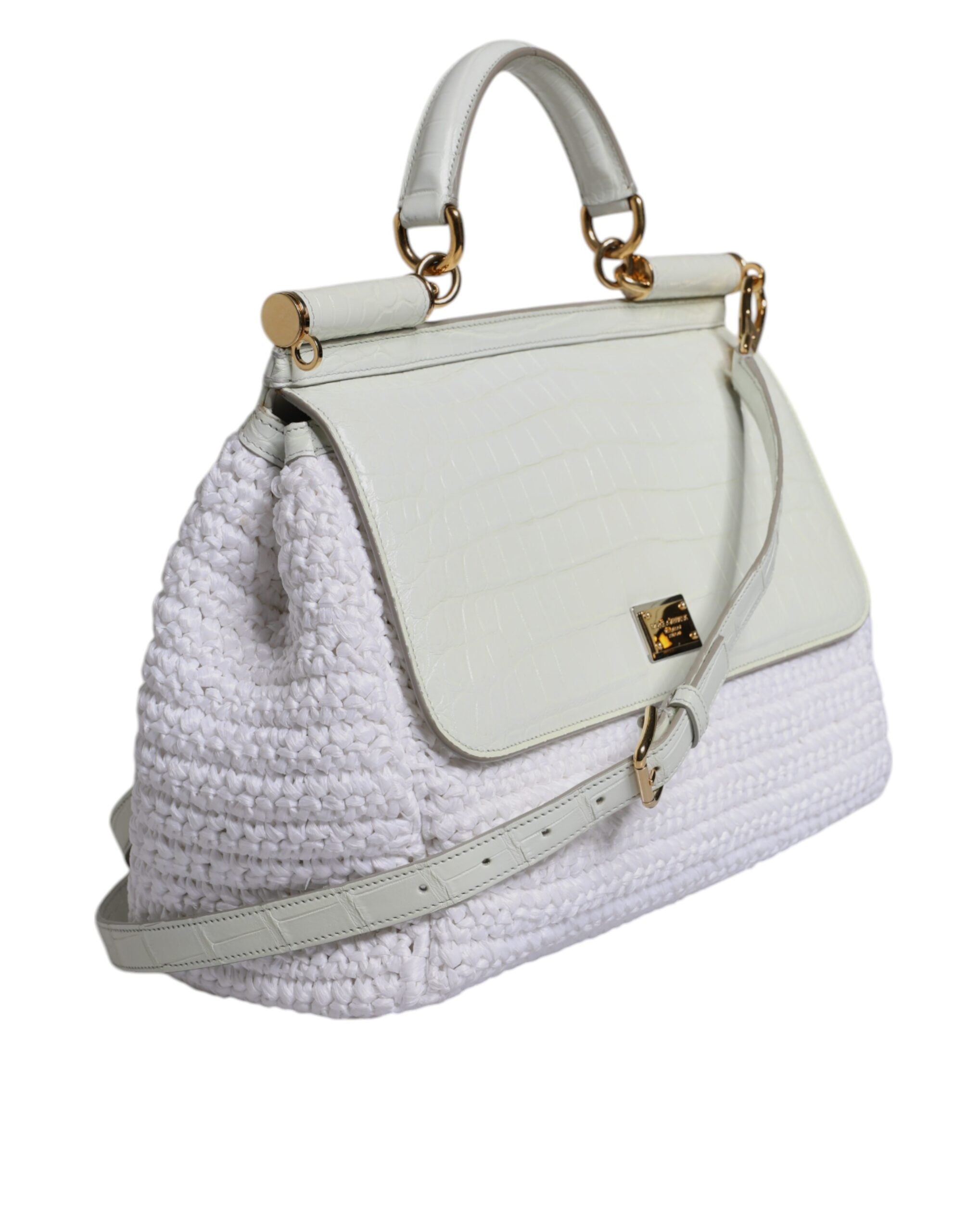 Dolce & Gabbana White Rafia Leather Top Handle Crossbody Bag Dolce & Gabbana