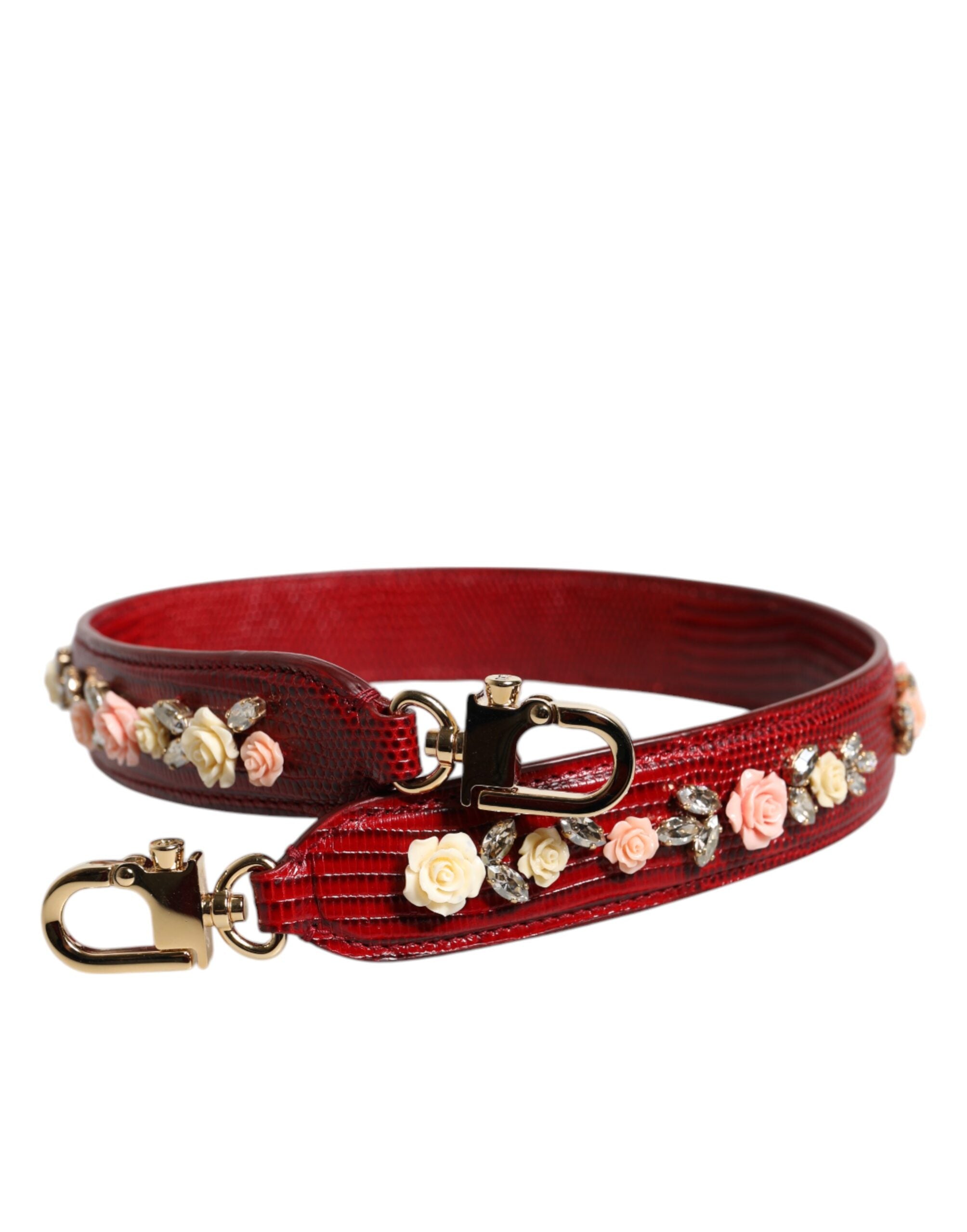 Dolce & Gabbana Red Leather Floral Embellish Bag Shoulder Strap Dolce & Gabbana
