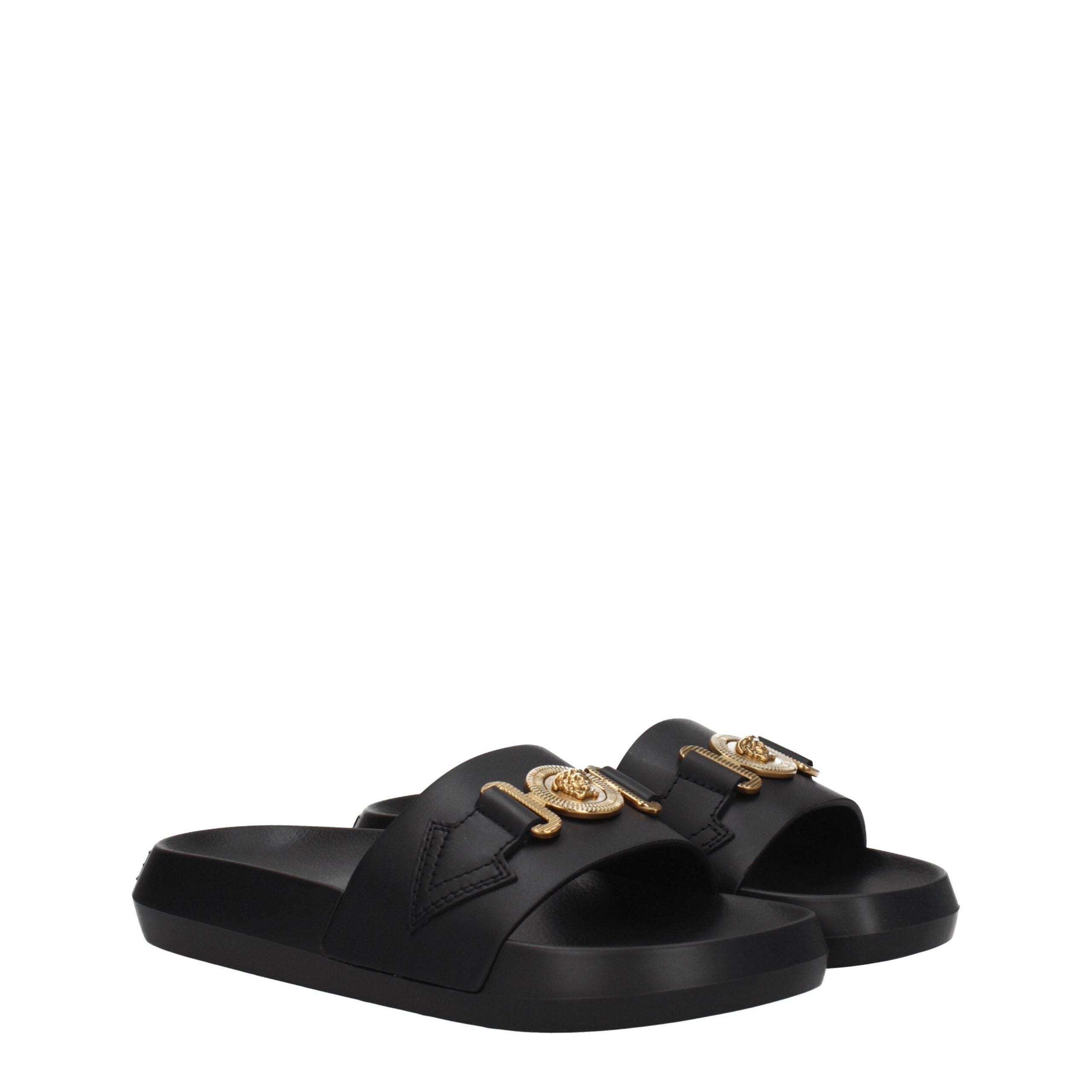 Versace Black Leather Slippers Sandals Versace
