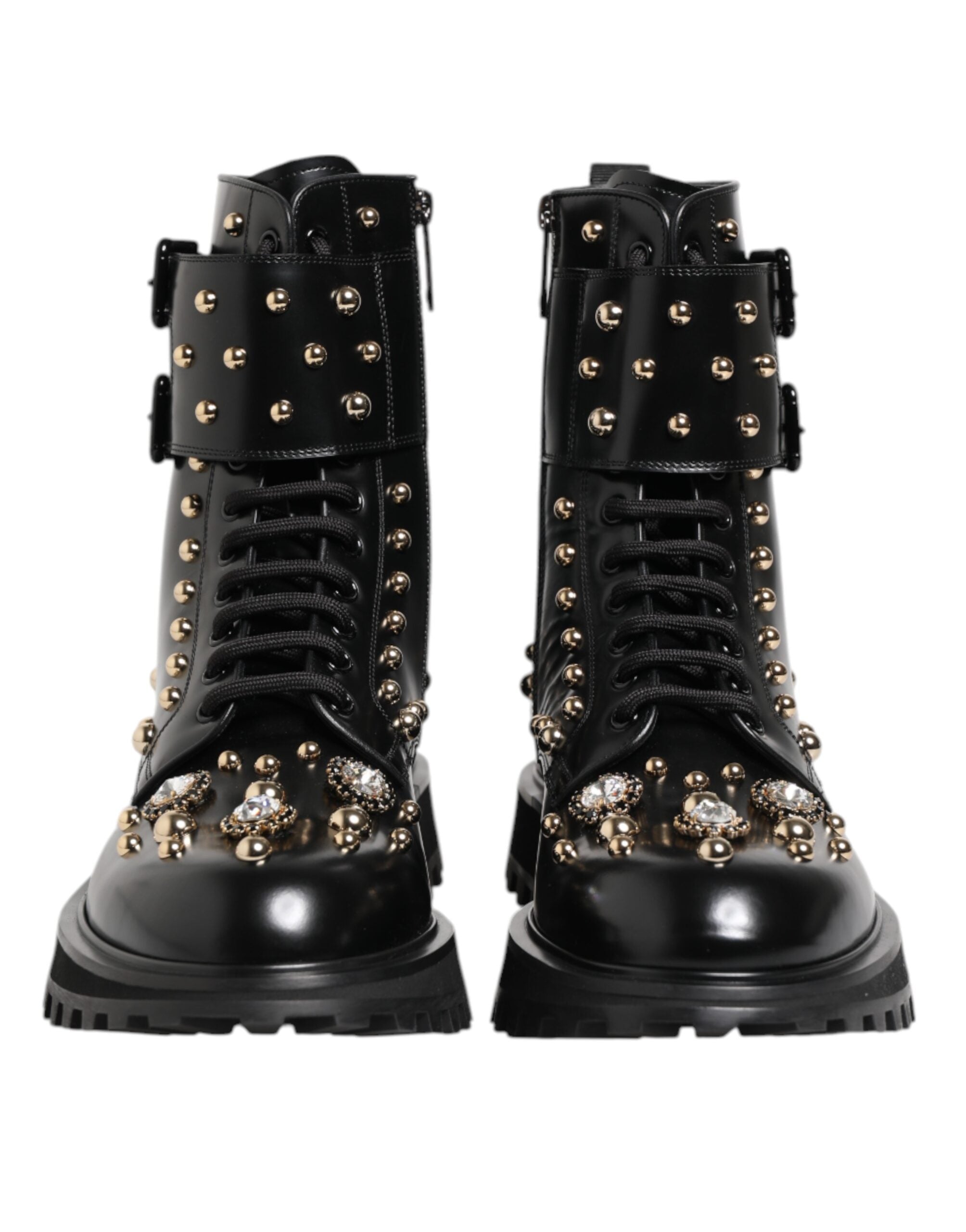 Dolce & Gabbana Black Studded Lace Up Mid Calf Boots Shoes Dolce & Gabbana
