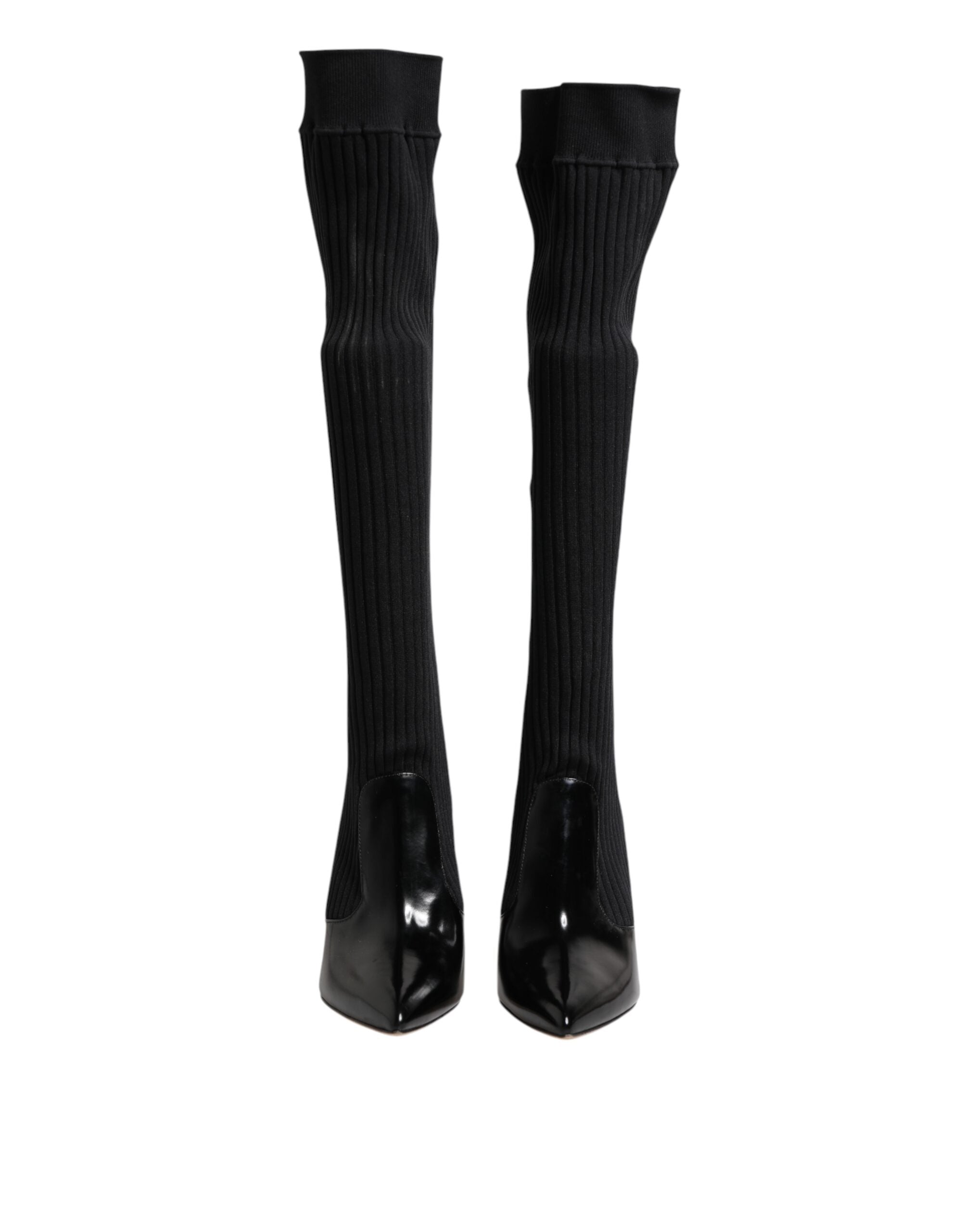 Dolce & Gabbana Black Leather Ribbed Knit Knee Boots Shoes Dolce & Gabbana