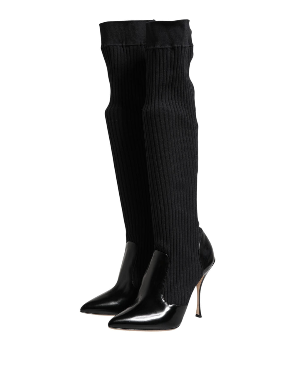 Dolce & Gabbana Black Leather Ribbed Knit Knee Boots Shoes Dolce & Gabbana