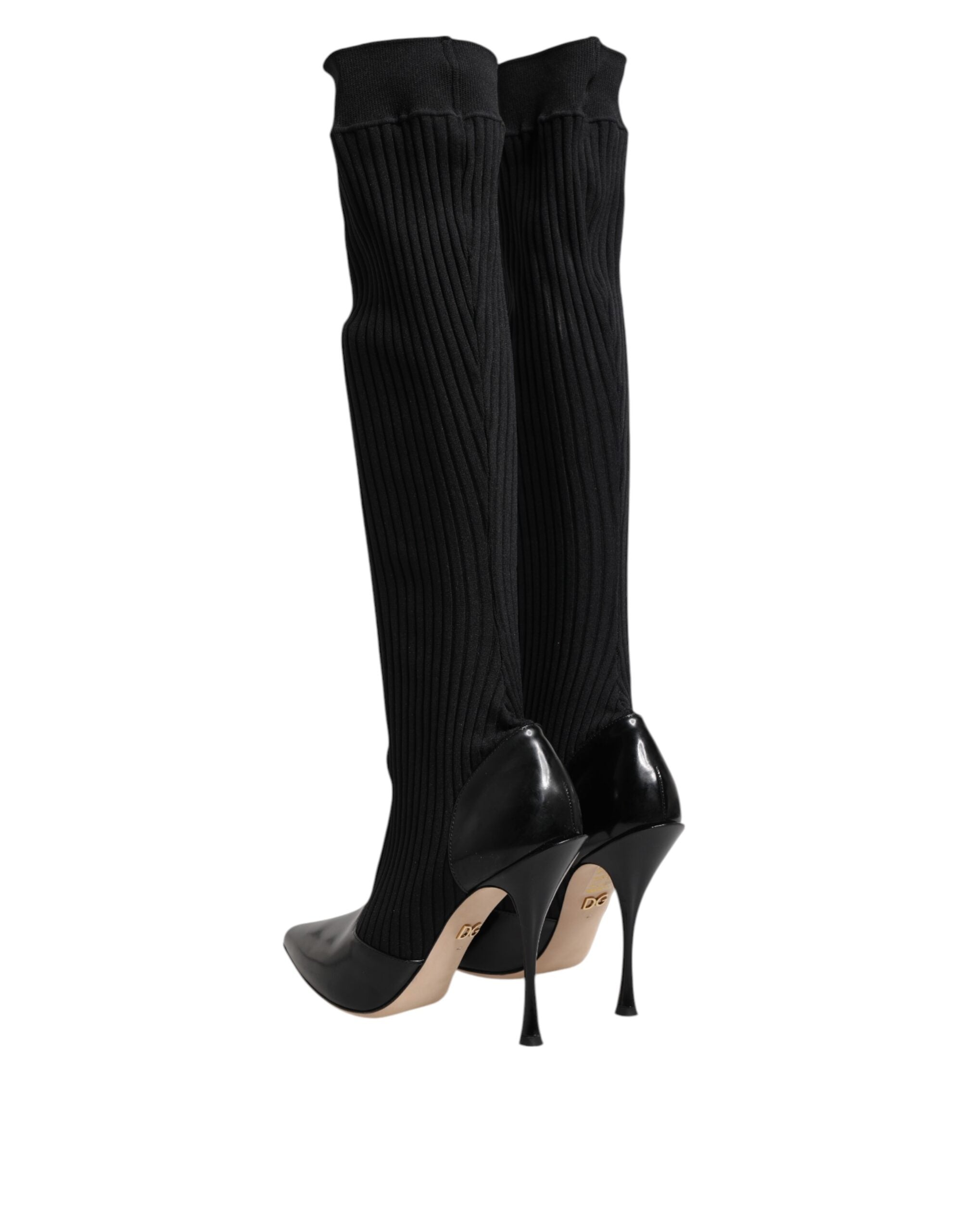 Dolce & Gabbana Black Leather Ribbed Knit Knee Boots Shoes Dolce & Gabbana