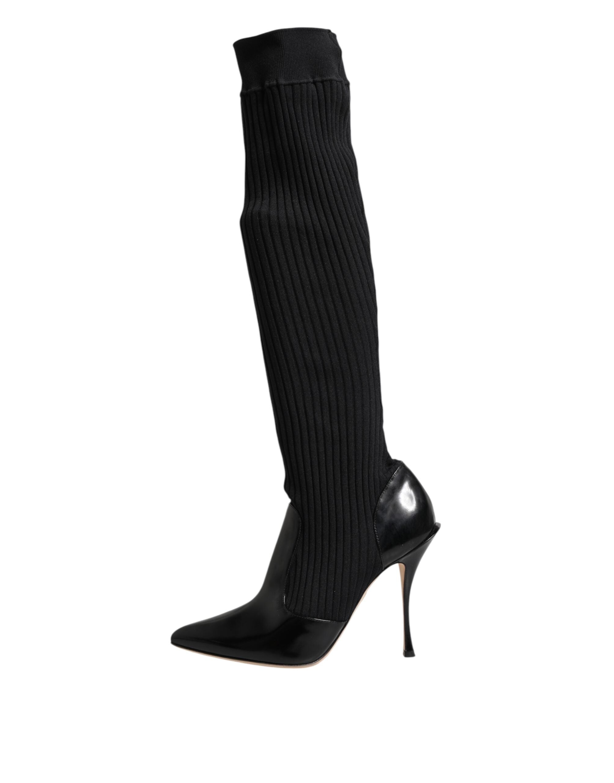 Dolce & Gabbana Black Leather Ribbed Knit Knee Boots Shoes Dolce & Gabbana