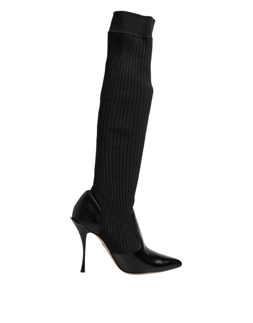 Dolce & Gabbana Black Leather Ribbed Knit Knee Boots Shoes Dolce & Gabbana