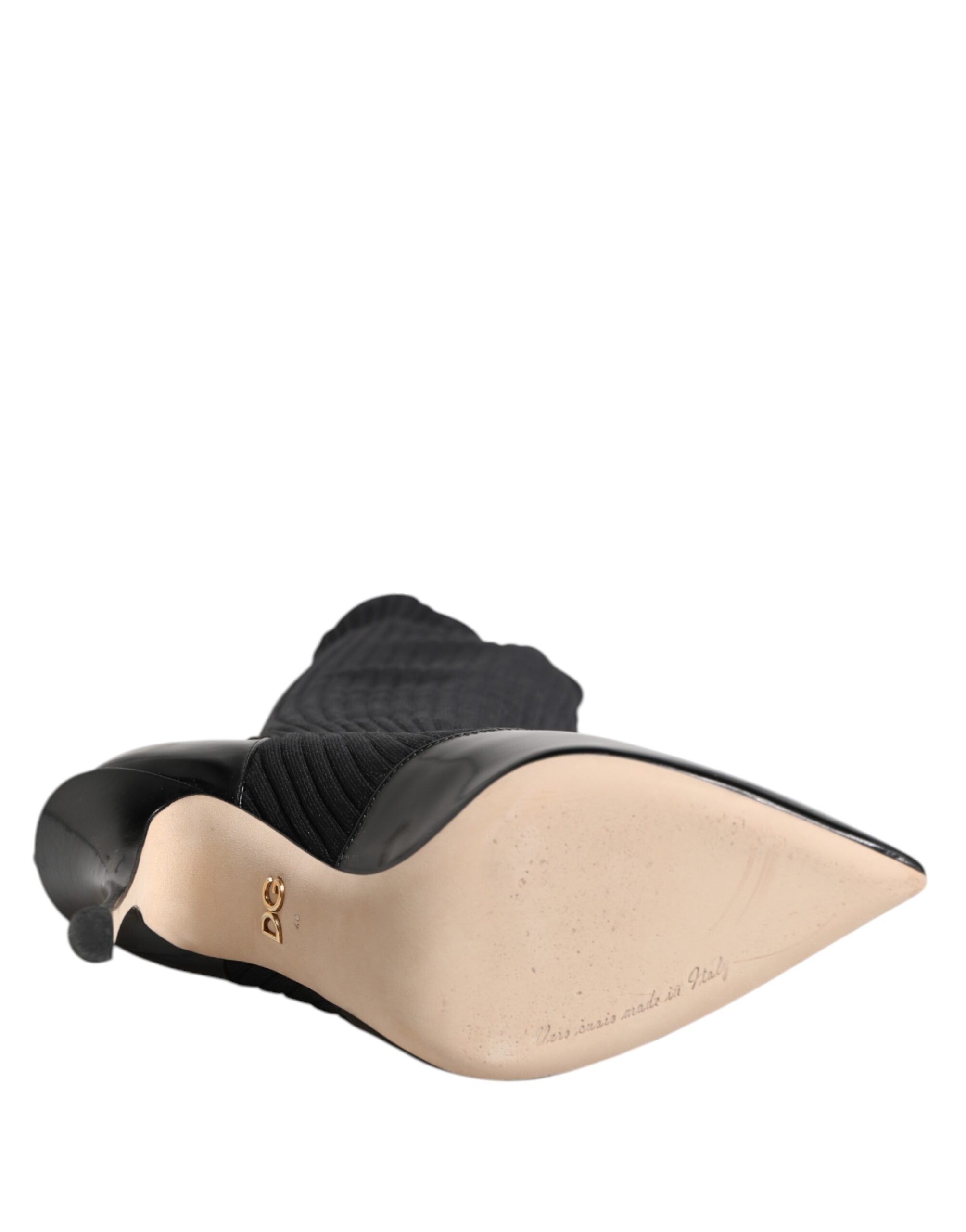 Dolce & Gabbana Black Leather Ribbed Knit Knee Boots Shoes Dolce & Gabbana