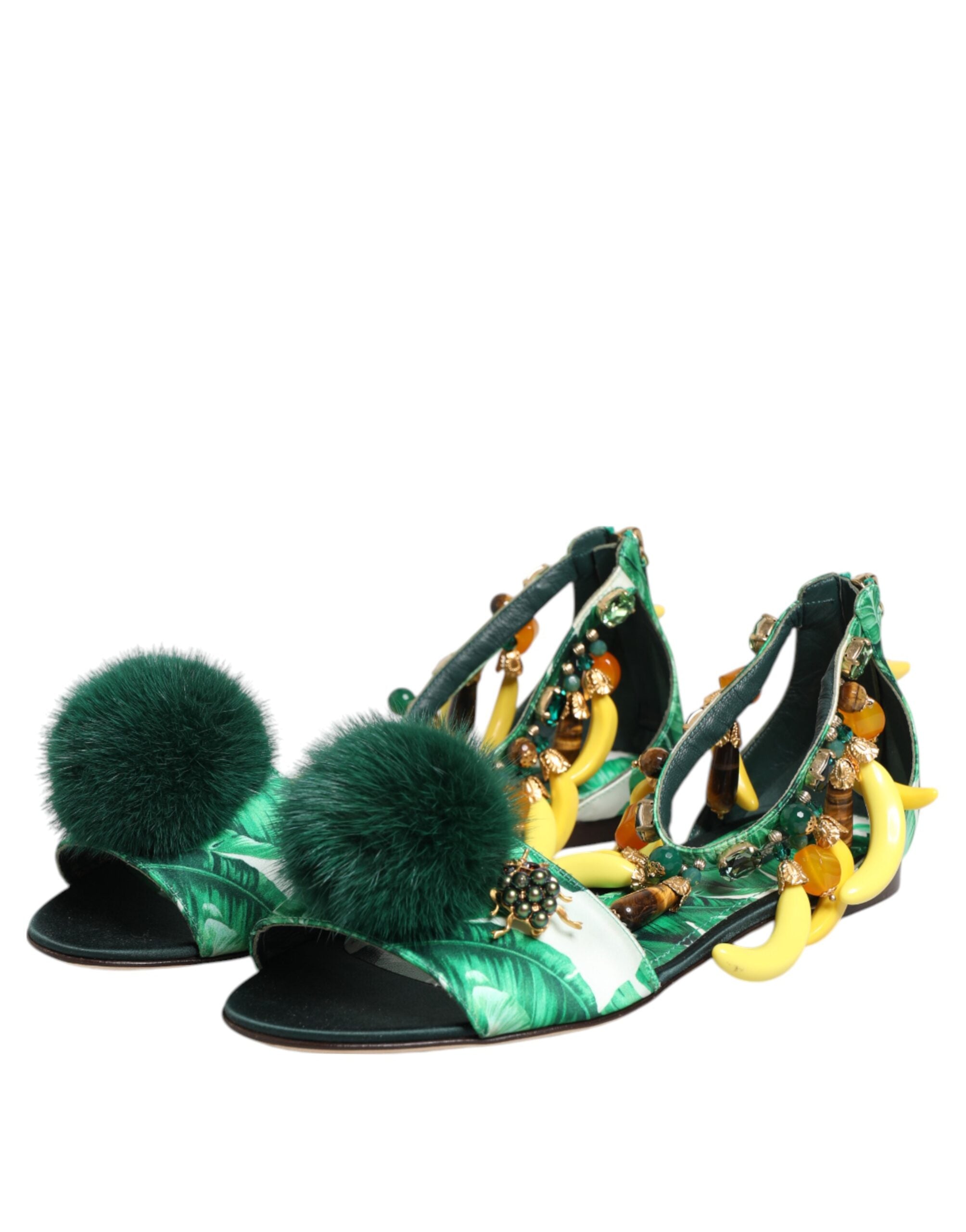 Dolce & Gabbana Green Mink Fur Satin Banana Leaf Sandals Shoes Dolce & Gabbana