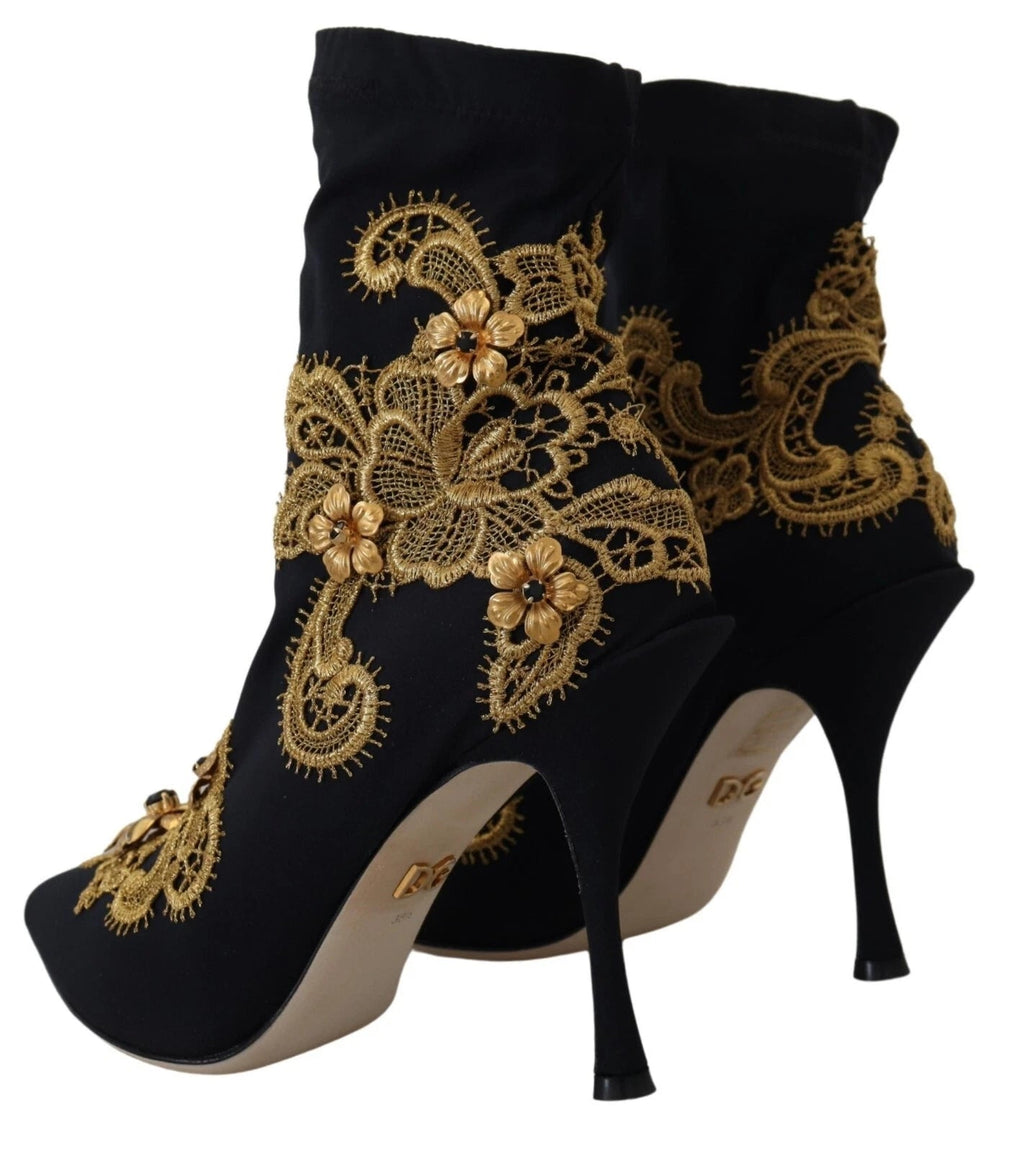 Dolce & Gabbana Black Gold Embroidery Crystal Boots Shoes Dolce & Gabbana