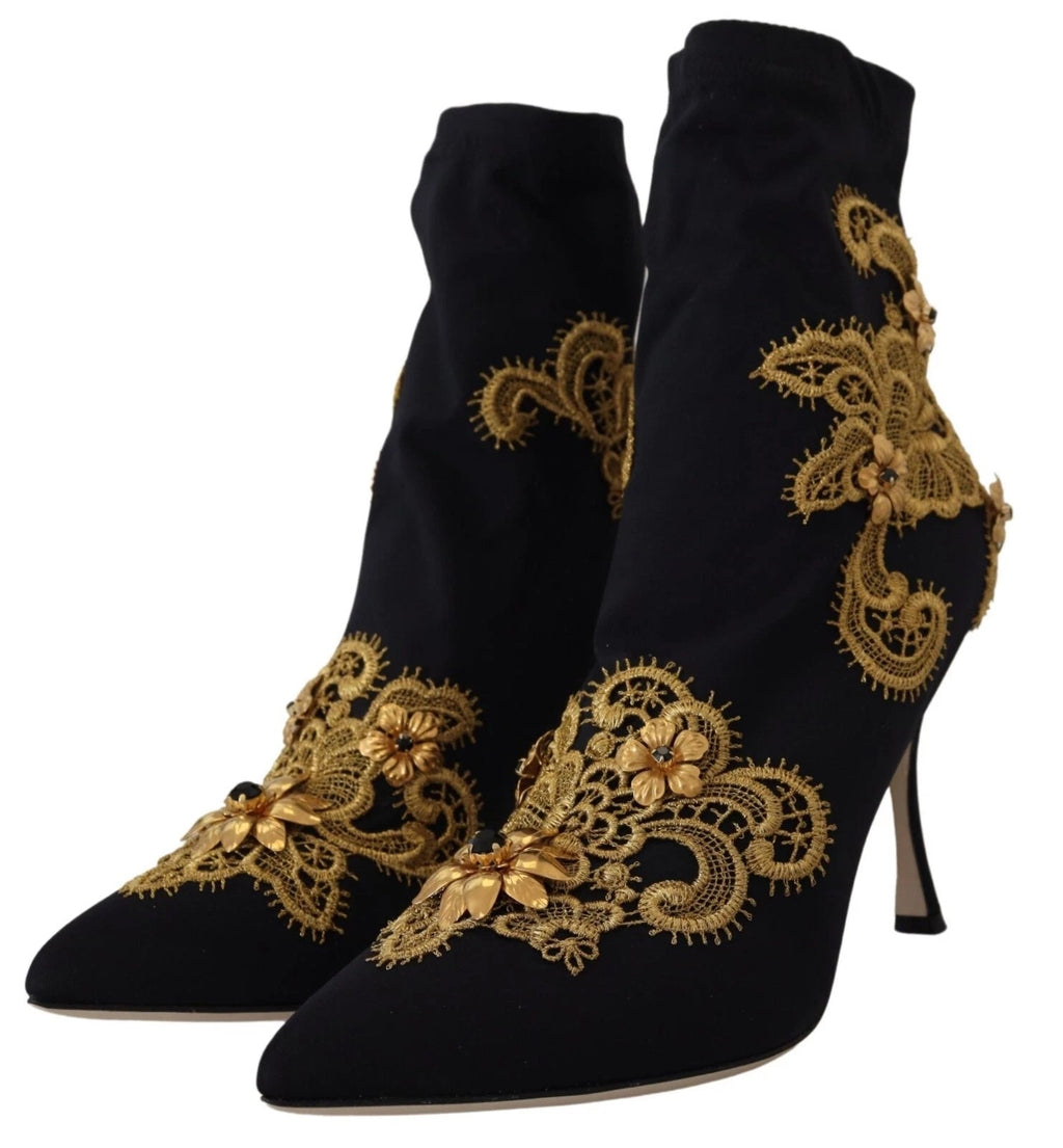 Dolce & Gabbana Black Gold Embroidery Crystal Boots Shoes Dolce & Gabbana