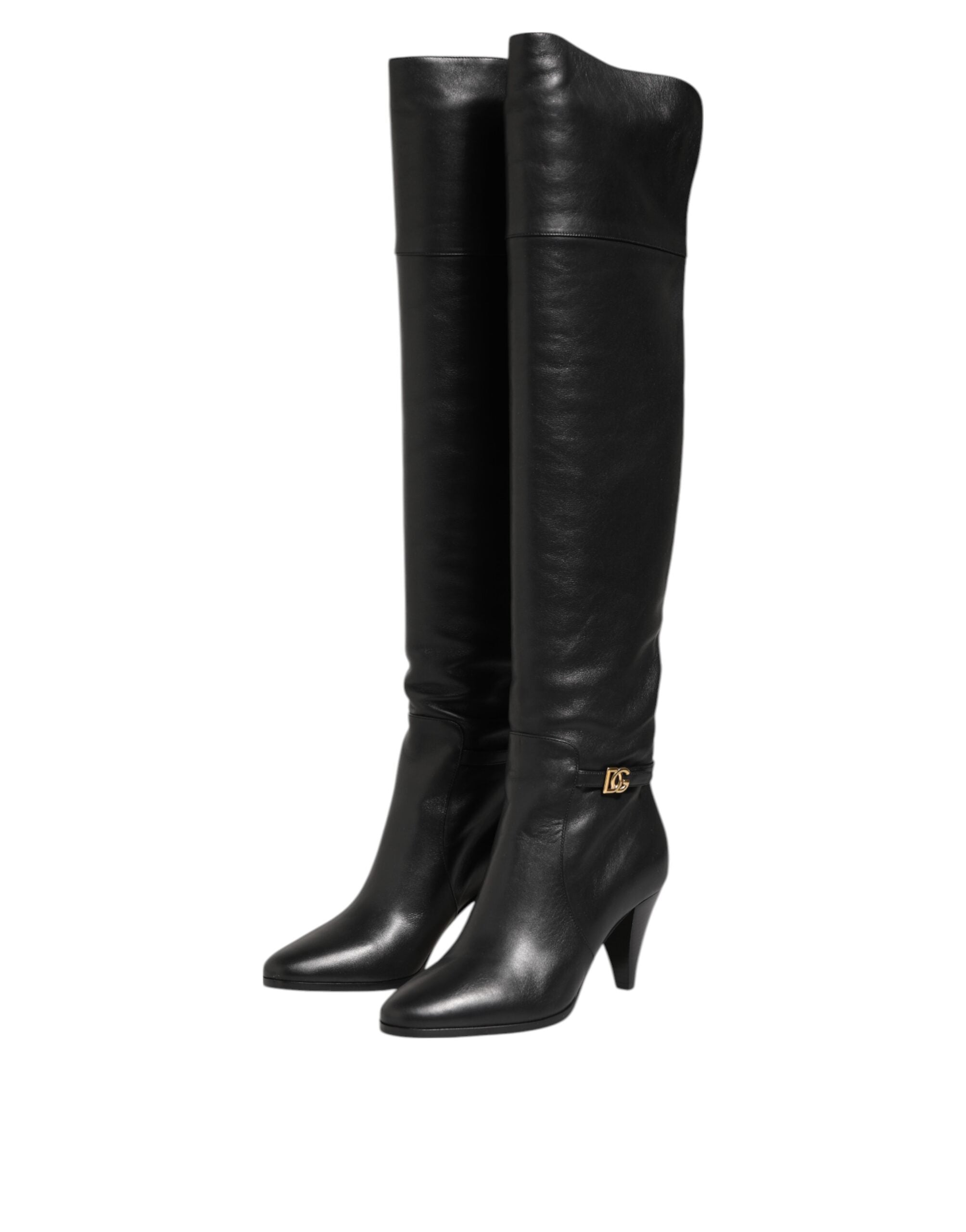 Dolce & Gabbana Black Leather Over-The-Knee DG Boots  Shoes Dolce & Gabbana