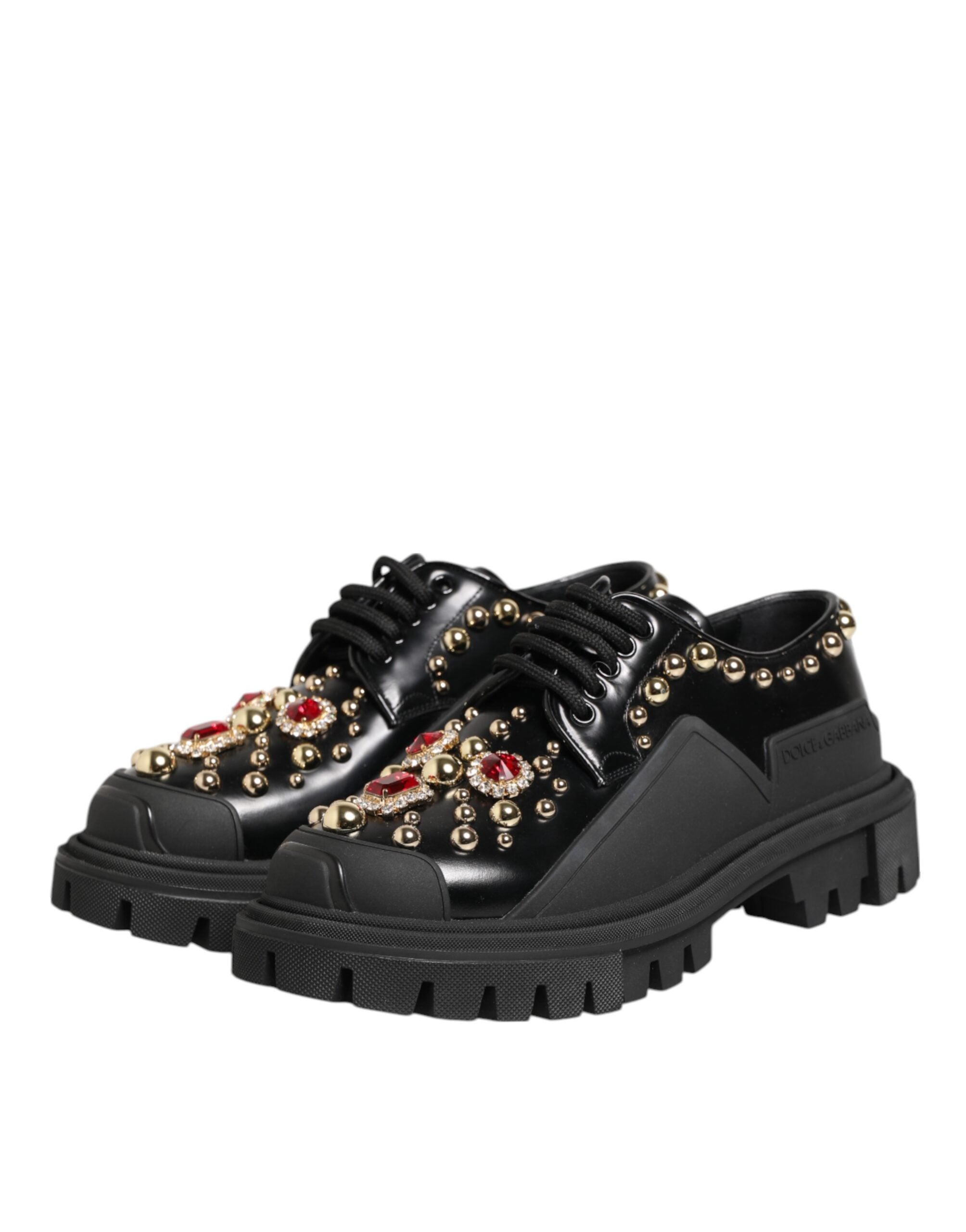 Dolce & Gabbana Black Leather Jeweled Crystals Derby Shoes Dolce & Gabbana