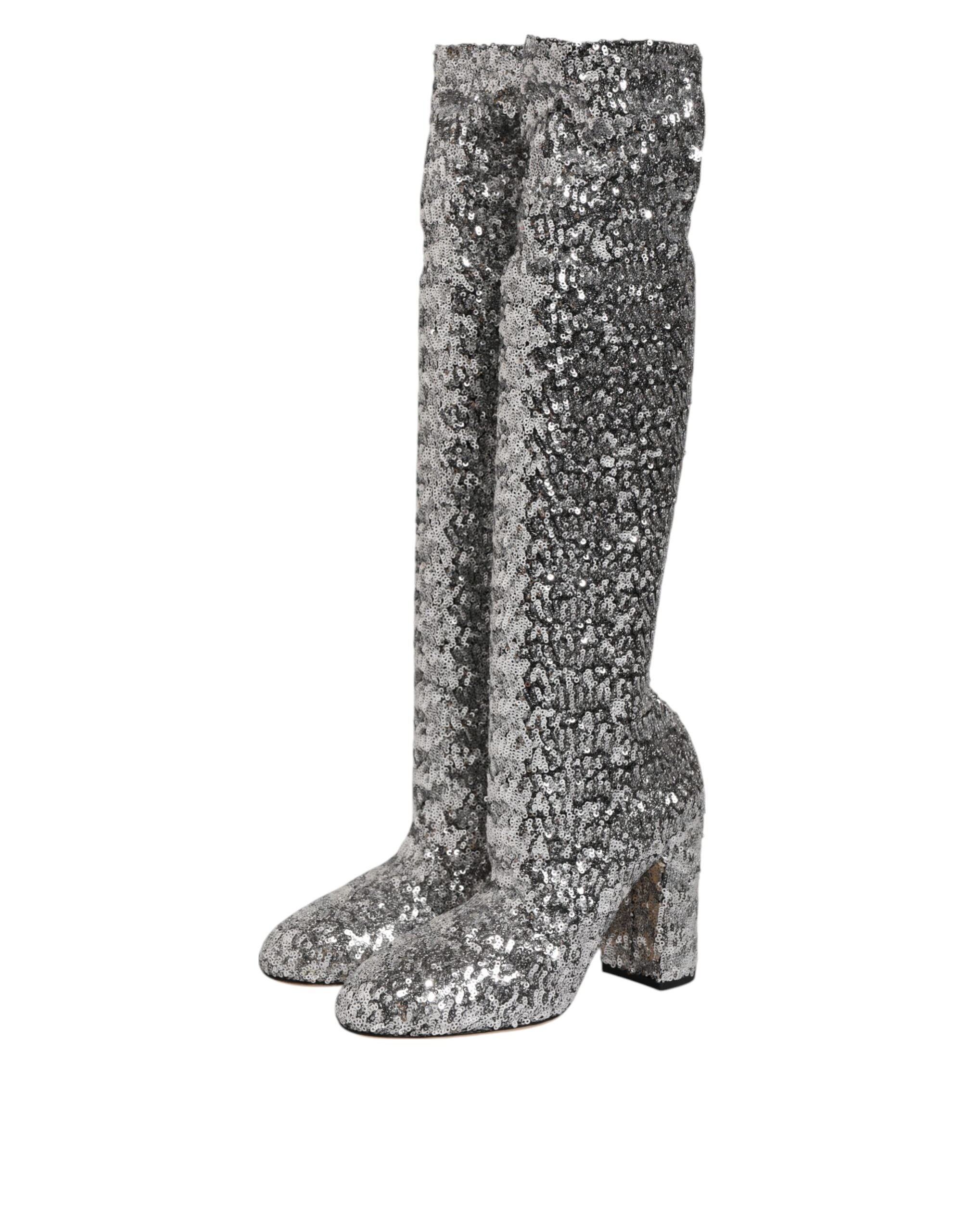 Dolce & Gabbana Shoes Silver Sequins Glitter High Heel Boot Shoes Dolce & Gabbana