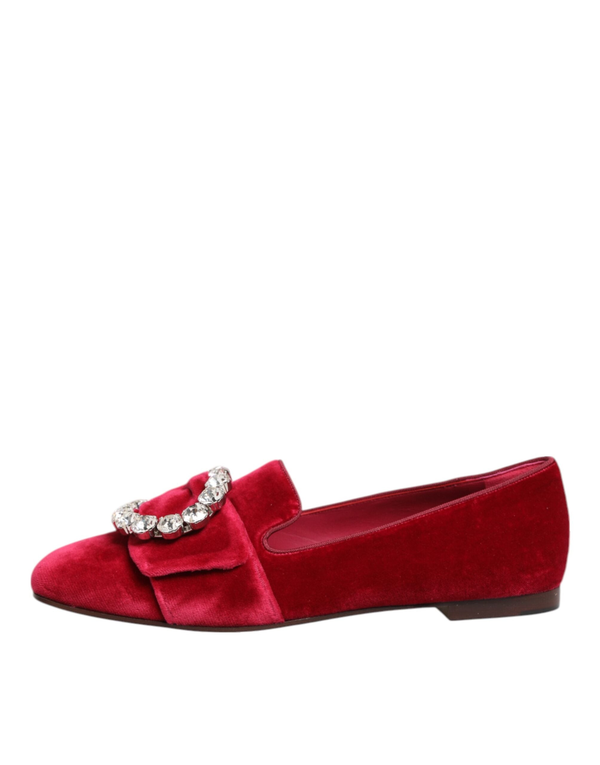 Dolce & Gabbana Red Velvet Crystal Buckle Loafers Flats Shoes Dolce & Gabbana