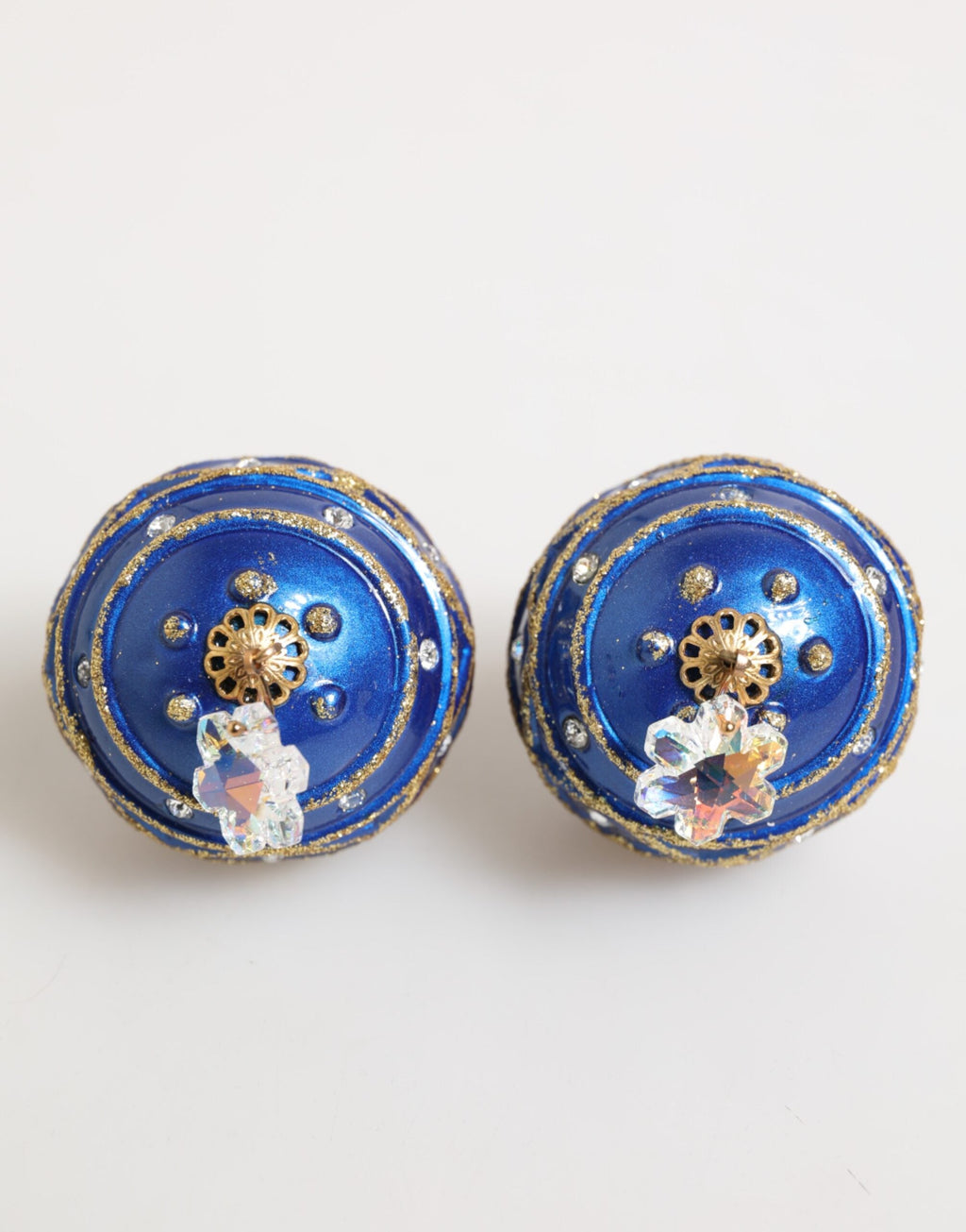 Dolce & Gabbana Gold Brass Blue Christmas Ball Crystal Drop Clip On Earrings Dolce & Gabbana