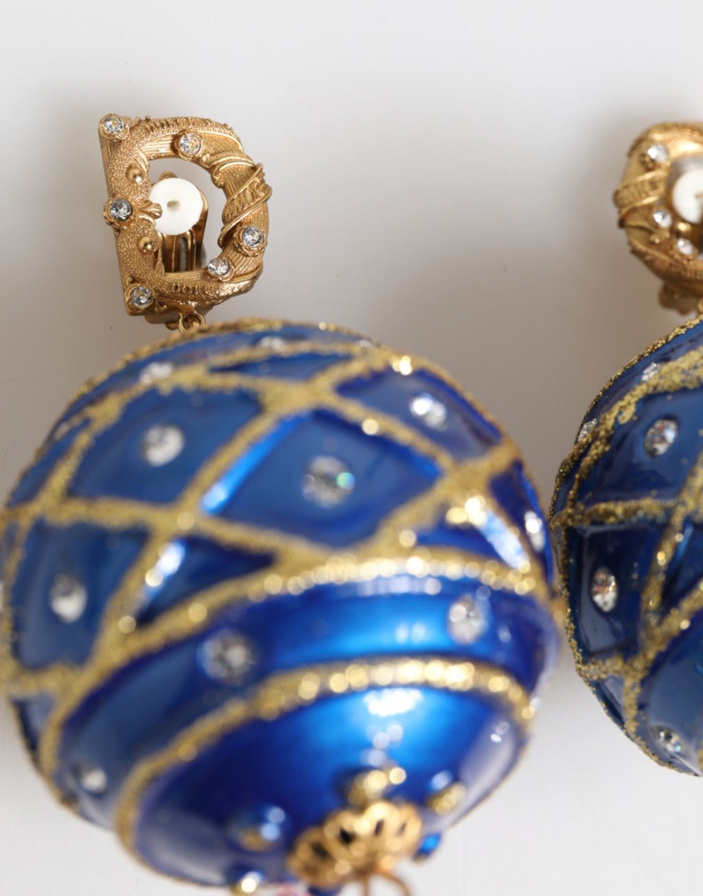 Dolce & Gabbana Gold Brass Blue Christmas Ball Crystal Drop Clip On Earrings Dolce & Gabbana