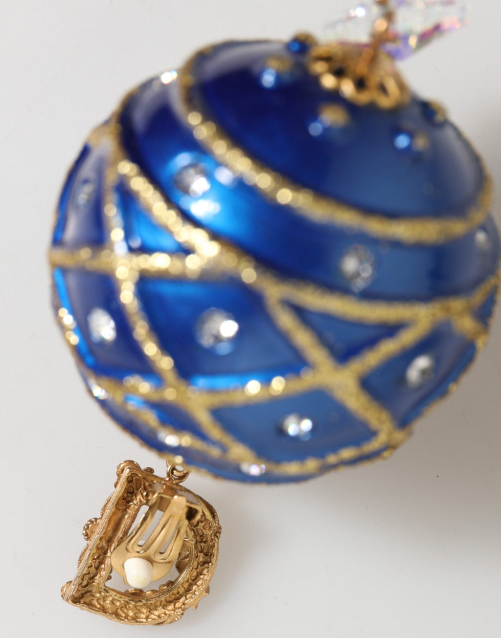 Dolce & Gabbana Gold Brass Blue Christmas Ball Crystal Drop Clip On Earrings Dolce & Gabbana