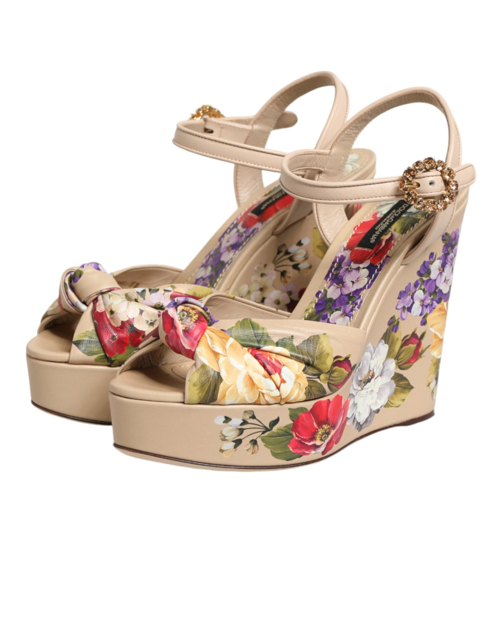 Dolce & Gabbana Beige Floral Ankle Strap Wedge Sandals Shoes Dolce & Gabbana